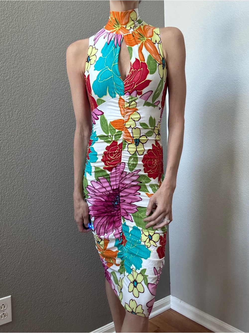 Vintage 90s Cache Ruched Floral Midi Dress Women’s XS Wedding Guest Dress